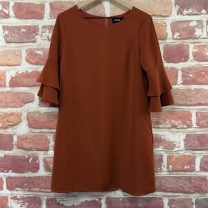 HEYSON Dress Women's S Rust Brown Ruffle Bell Sleeve Casual Career Zipper Back